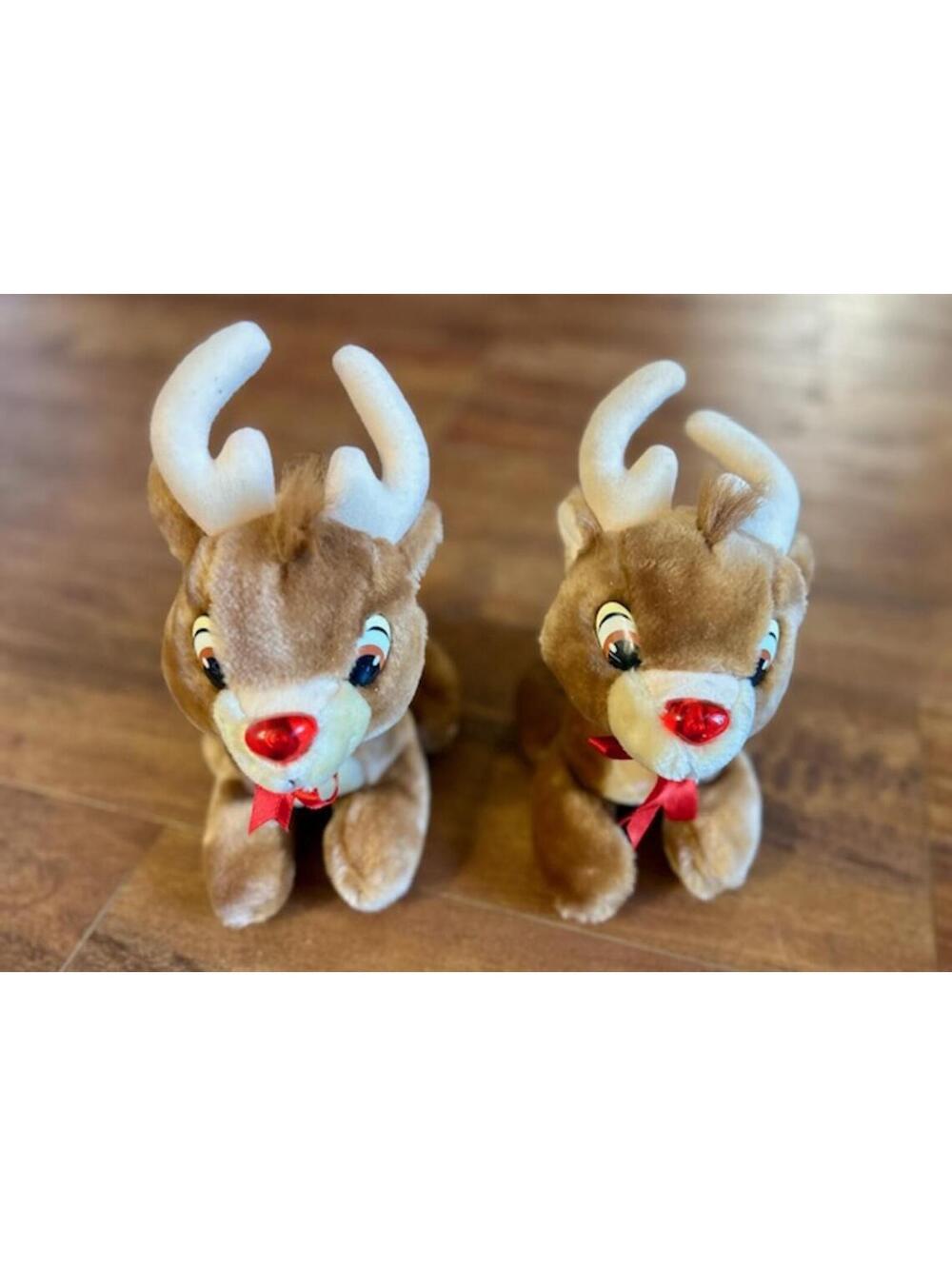 Pair of Vintage Applause Plush Reindeer Toys with Red Noses and Bows